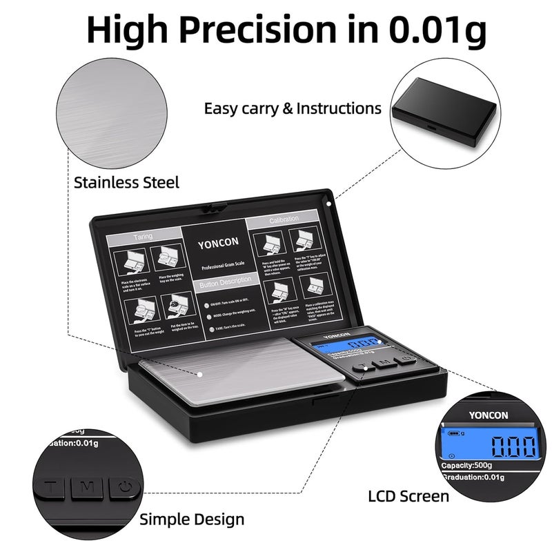Yoncon Gram Scale- 500g Ultra-Precise Digital Scale 0.01 Gram Accuracy for Jewelry, Diamonds, Gold & Silver, Portable Pocket Scale with LCD Display, Tare Function - Perfect for Jewelers & Collectors - Image 3